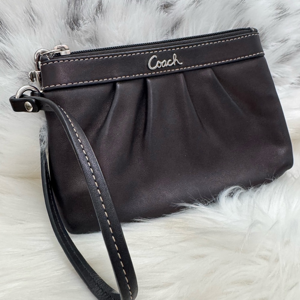 Coach Black Leather Pleated Wristlet